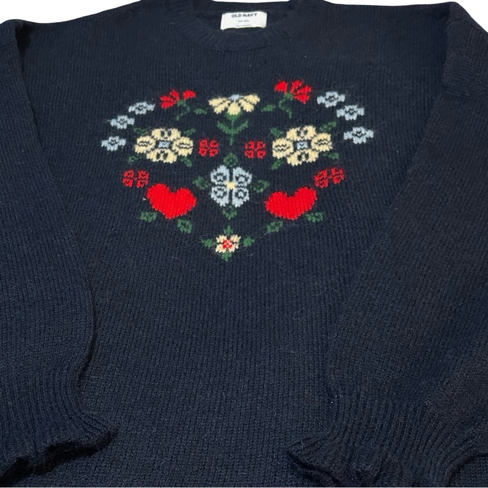 NWT! Old Navy, NAVY Blue  Floral Heart Crewneck Sweater w/ Red & Cream Motif,XXL - Picture 4 of 12